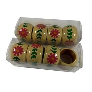 New Pottery Barn Mango Wood Floral Painted Napkin Rings Two Sets of 4 Spring!